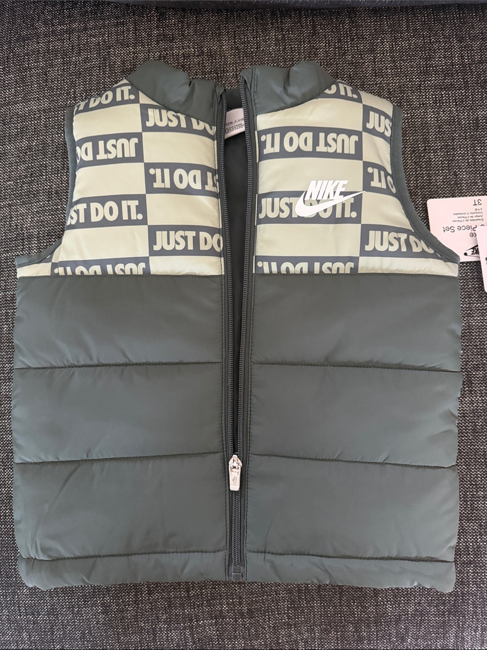 Nike Kids Puffer Vest in Olive Green and Cream Checker "Just Do It"